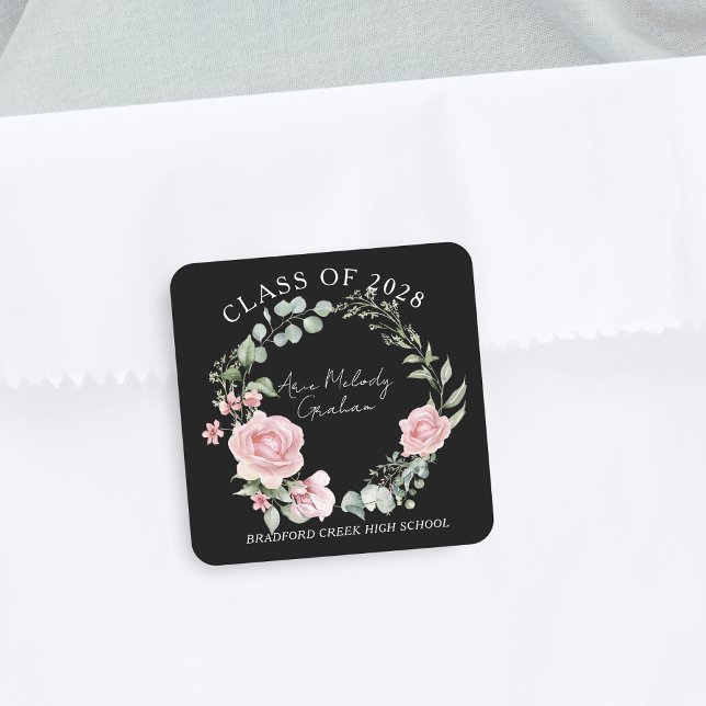 Pegatina Cuadrada Modern Pink Roses Script Class of Graduation (Subido por el creador)