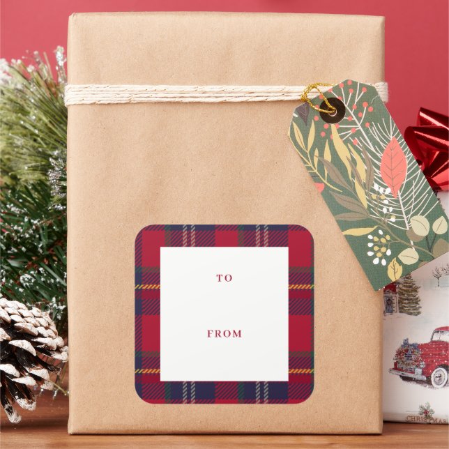 Pegatina Cuadrada Modern Plaid Christmas Gift Tag  (Vacaciones)