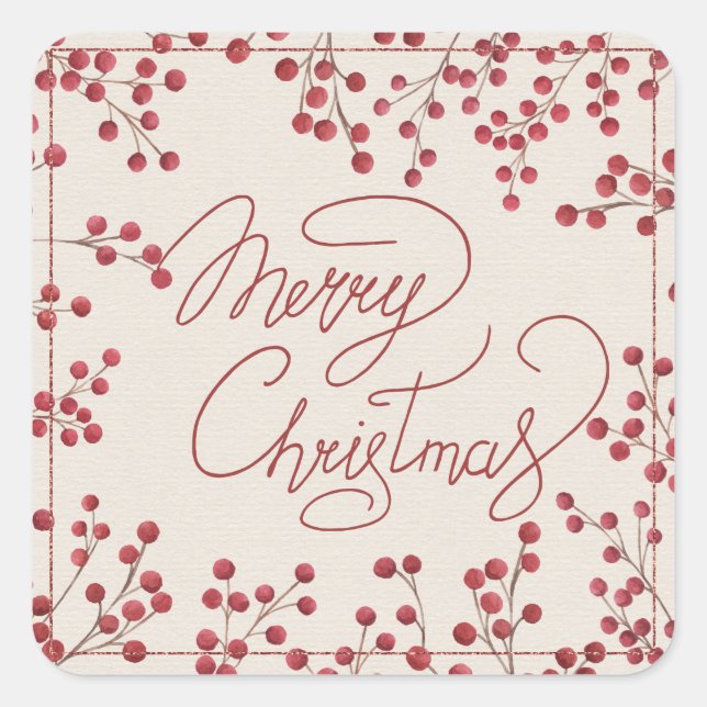 Pegatina Cuadrada Modern Rojo Fire Berry Feliz Navidad (Anverso)