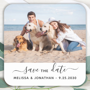 Pegatina Cuadrada Modern Save The Date Couple Engagement Mascota Pho