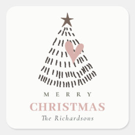 Pegatina Cuadrada Modern Scandi Minimal Blush Heart Christmas Tree