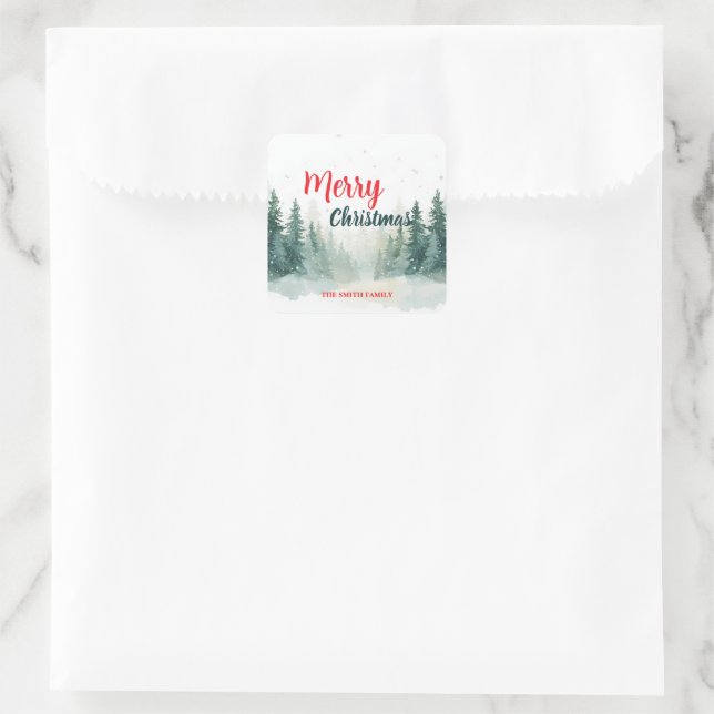 Pegatina Cuadrada Modern Script Christmas Xmas winter pine tree fore (Bolso)