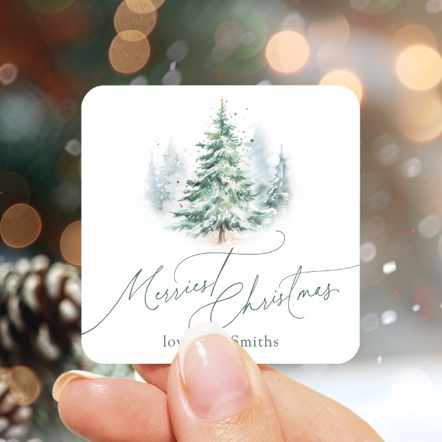 Pegatina Cuadrada Modern Script Merriest Christmas Pine Tree (Modern Script Merriest Christmas Pine Tree Square Sticker)
