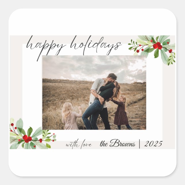 Pegatina Cuadrada Modern Simple Happy Holidays Family Photo Card (Anverso)