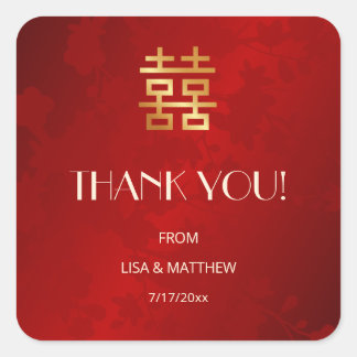 Pegatina Cuadrada Modern Simple Red Chinese Wedding Thank You