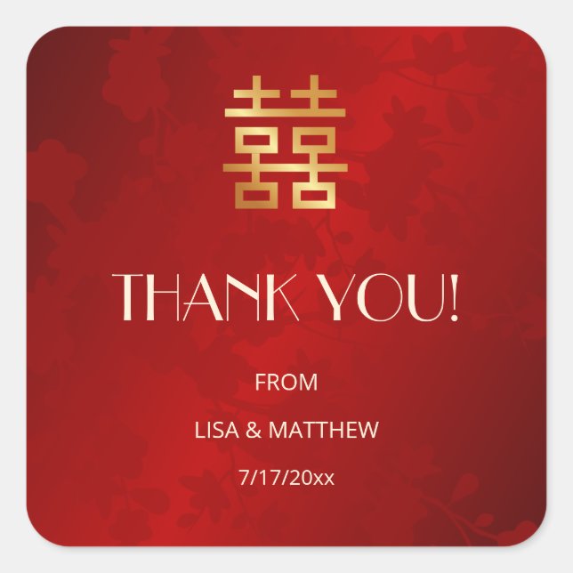 Pegatina Cuadrada Modern Simple Red Chinese Wedding Thank You (Anverso)