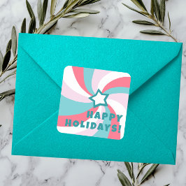 Pegatina Cuadrada Modern Swirl HAPPY HOLIDAYS CUSTOM Green Pink