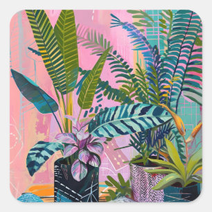 Pegatina Cuadrada Modern Tropical Plant Print – Pink and Green