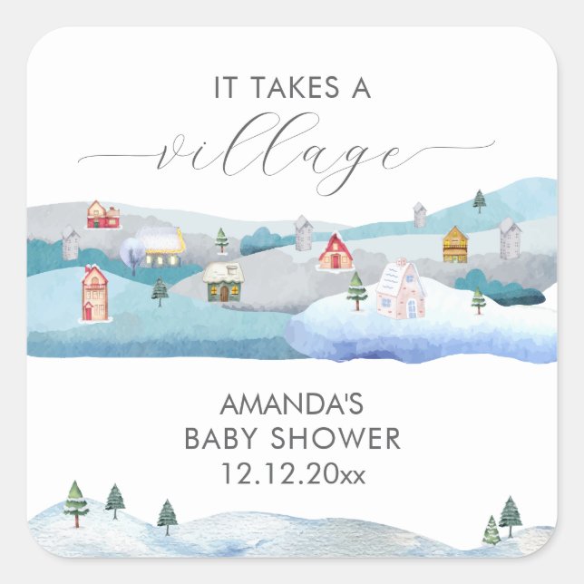 Pegatina Cuadrada Modern Winter Snow It Takes A Village Baby Shower  (Anverso)