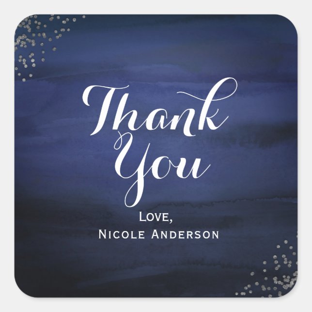 Pegatina Cuadrada Moderna acuarela Blue Silver Confetti Party Favor (Anverso)