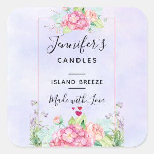 Pegatina Cuadrada Moderna acuarela color rosa Vela de marco floral /