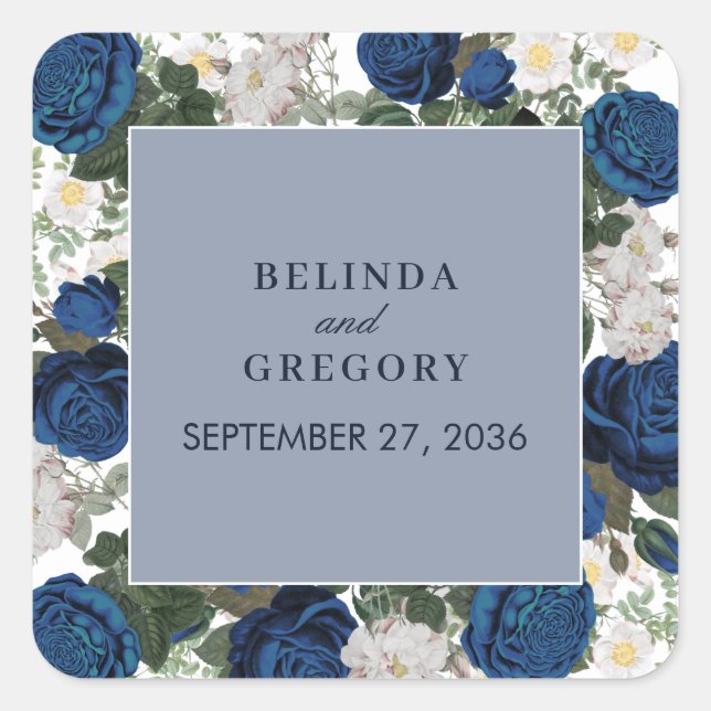 Pegatina Cuadrada Moderna acuarela floral azul elegante matrimonio (Anverso)