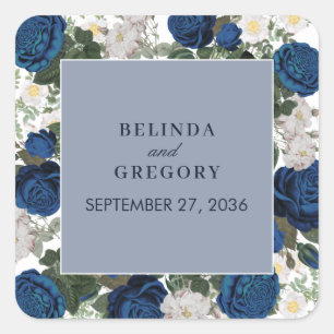 Pegatina Cuadrada Moderna acuarela floral azul elegante matrimonio