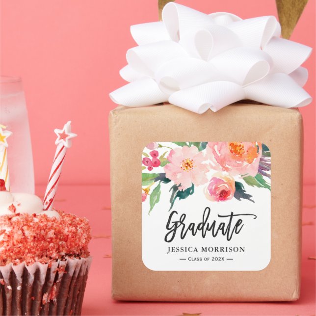 Pegatina Cuadrada Moderna acuarela Floral Graduate Favor (Fiesta)