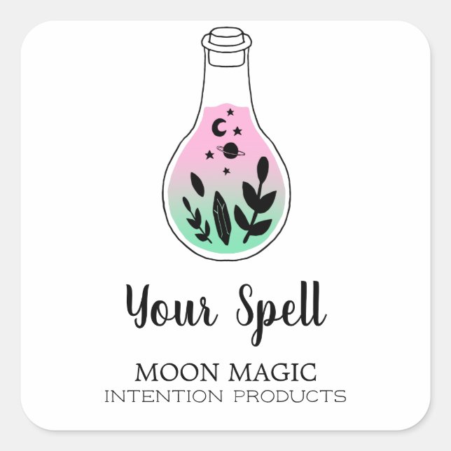 Pegatina Cuadrada Moderna Brujería Blanca Y Neon Spell Jar (Anverso)