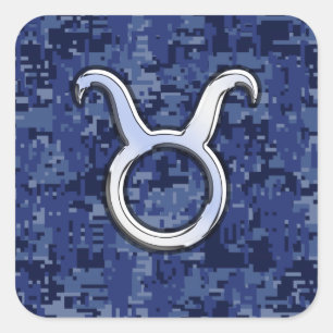 Pegatina Cuadrada Moderna camuflaje digital azul del Rótulo zodiaco