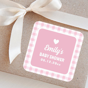 Pegatina Cuadrada Moderna Chica de Gingham Retro Girly Rosa Baby Sho