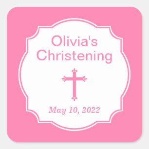 Pegatina Cuadrada Moderna Cruz Rosa Christening Baptism Square
