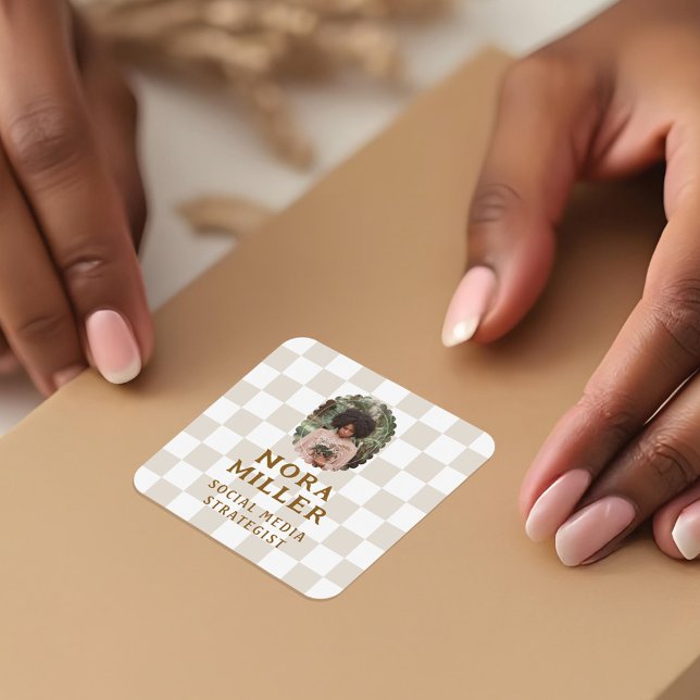 Pegatina Cuadrada Moderna empresa de fotografía con patrón de Boho b (Modern Boho Checkered Pattern Photo Business Square Sticker)