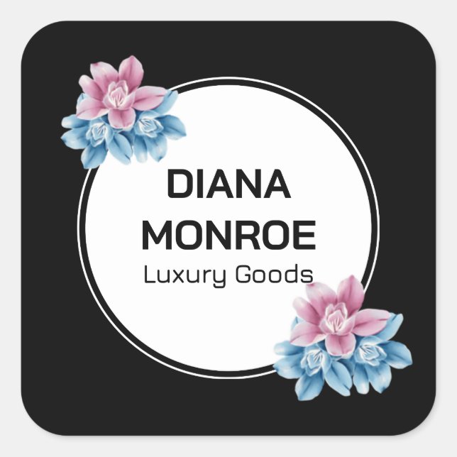 Pegatina Cuadrada Moderna Floral elegante negro (Anverso)