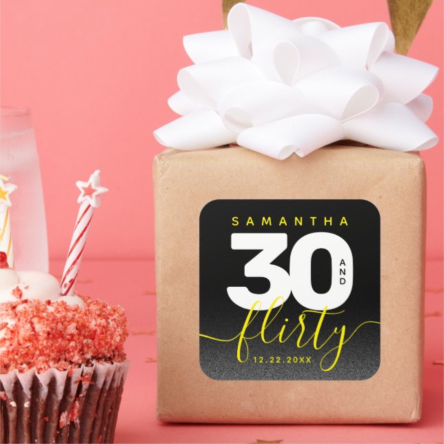 Pegatina Cuadrada Moderna Girly Brillante Amarillo 30 y Flirty (Fiesta)