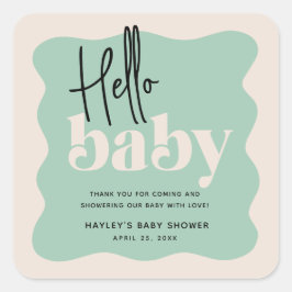 Pegatina Cuadrada Moderna Hello Baby Mint Green & Cream Baby Shower