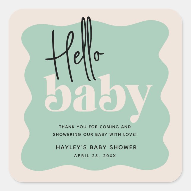 Pegatina Cuadrada Moderna Hello Baby Mint Green & Cream Baby Shower (Anverso)
