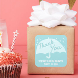 Pegatina Cuadrada Moderna lluvia de paraguas Baby Shower Boy Gracias