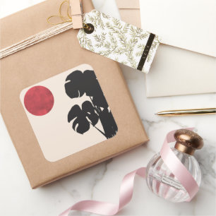 Pegatina Cuadrada Moderna Monstera & Sol de mediados de siglo Arte M