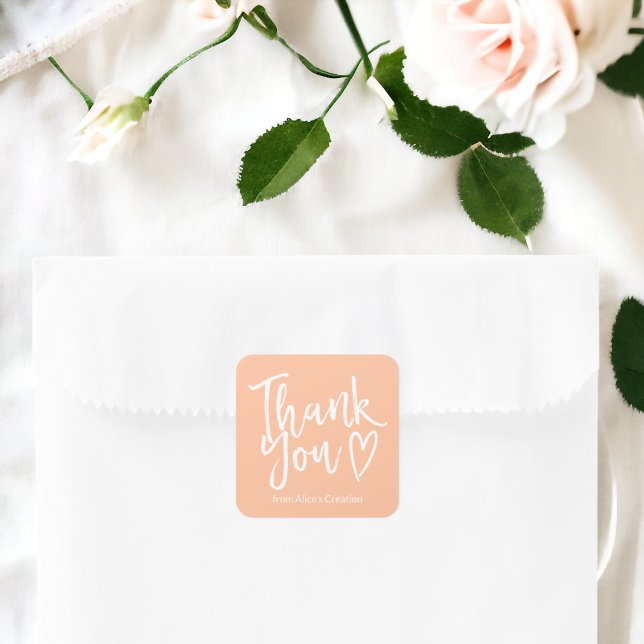Pegatina Cuadrada Moderna secuencia de comandos de agradecimiento or (Modern thank you script order minimal peach square sticker)