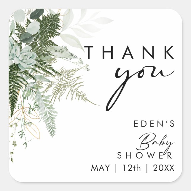 Pegatina Cuadrada Moderna vegetación y Baby Shower Gold Gracias (Anverso)