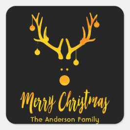 Pegatina Cuadrada Moderna y divertida Santa Reindeer faux gold sobre