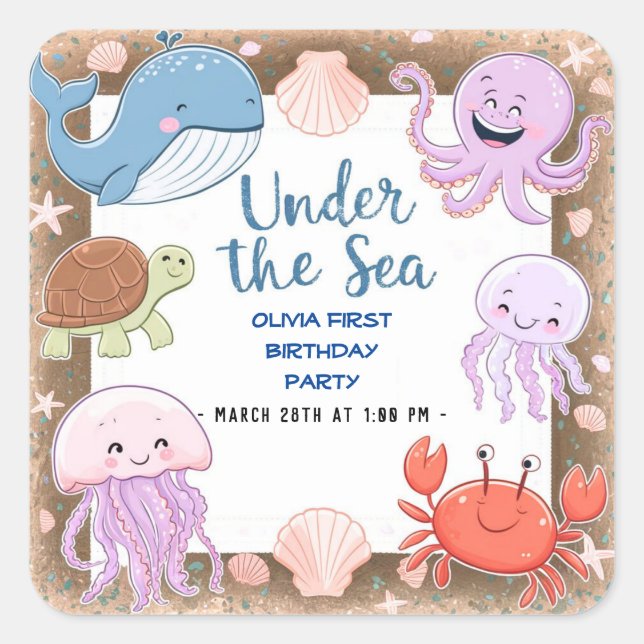 Pegatina Cuadrada Moderna y elegante acuarela bajo el cumpleaños del (Anverso)