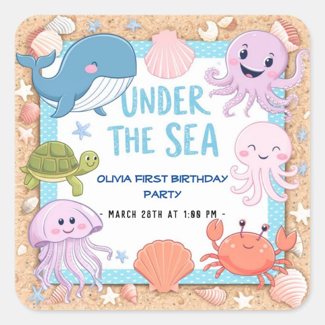 Pegatina Cuadrada Moderna y elegante acuarela bajo el cumpleaños del (Anverso)