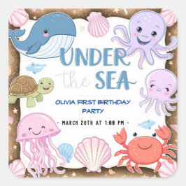 Pegatina Cuadrada Moderna y elegante acuarela bajo el cumpleaños del