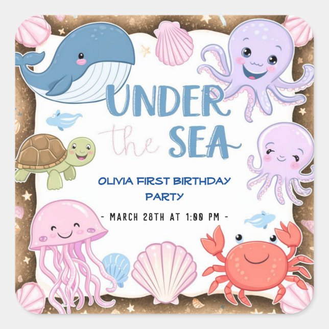 Pegatina Cuadrada Moderna y elegante acuarela bajo el cumpleaños del (Anverso)