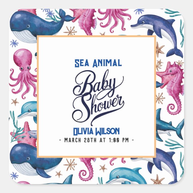 Pegatina Cuadrada Moderna y elegante acuarela Ducha de bebé de anima (Anverso)