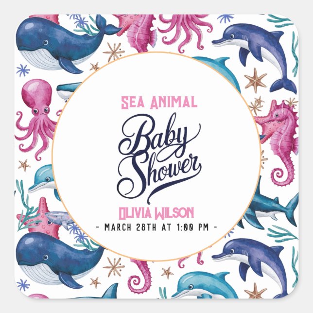 Pegatina Cuadrada Moderna y elegante acuarela Mar baño bebé ducha6 (Anverso)