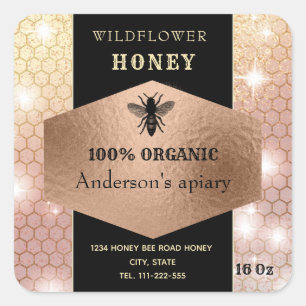 Pegatina Cuadrada Moderna y elegante aguja rosegold logo abeja tarro