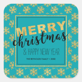 Pegatina Cuadrada Moderna y elegante Gold Blue Merry Christmas - Peg