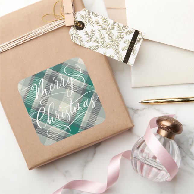 Pegatina Cuadrada Moderna y sencilla Feliz Navidad Green Plaid (Regalar)