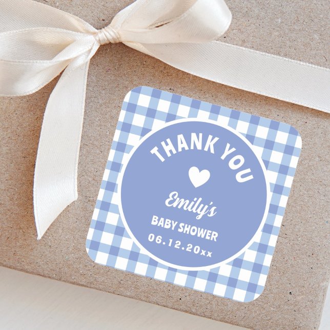 Pegatina Cuadrada Moderna y simple Baby Shower de Gingham (Subido por el creador)