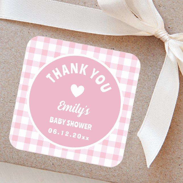 Pegatina Cuadrada Moderna y simple Gingham Baby Shower Gracias (Subido por el creador)