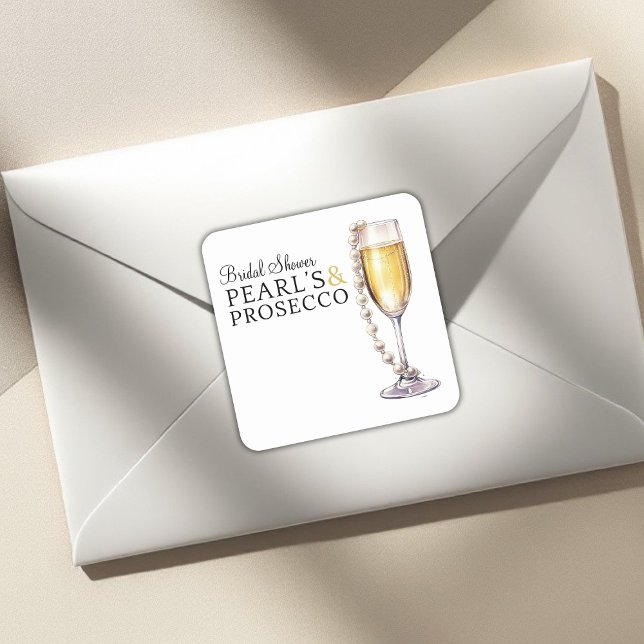 Pegatina Cuadrada Modernas perlas mínimas y ducha de novia prosecco (minimal bridal shower mailing stickers , helping you keep your stationary special)