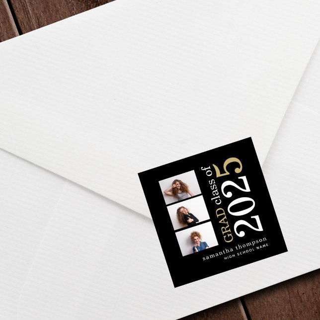 Pegatina Cuadrada Moderno 3 foto Oro Blanco Textos 2023 Graduación (Subido por el creador)