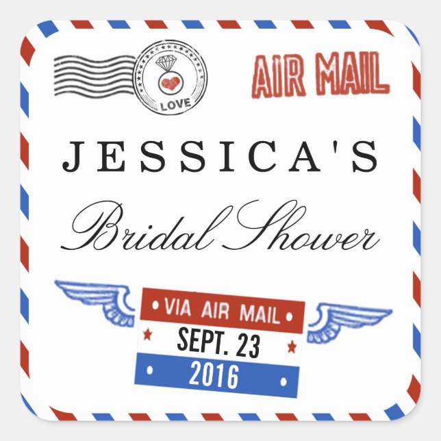 Pegatina Cuadrada Moderno Airmail Bridal Shower Favor (Anverso)