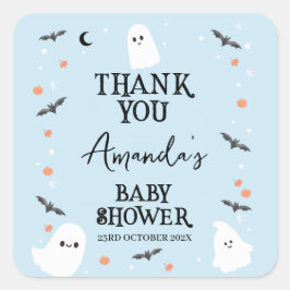 Pegatina Cuadrada Moderno Baby Shower de Halloween Blue Little Boo