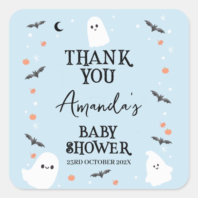 Pegatina Cuadrada Moderno Baby Shower de Halloween Blue Little Boo (Anverso)