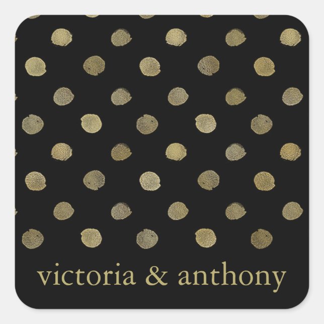 Pegatina Cuadrada Moderno Black & Gold Polka Dots Wedding Favor (Anverso)