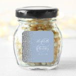 Pegatina Cuadrada Moderno Boda del borde del Purpurina de plata azul<br><div class="desc">Este elegante y moderno pegatina boda presenta un diseño purpurina de color plateado en el borde izquierdo. Personalizar fácilmente el texto blanco sobre un polvoriento fondo azul,  con los nombres de la novia y el novio en caligrafía de escritura a mano sobre un gran ampersand.</div>